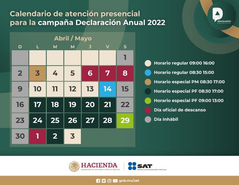 CALENDARIO Y HORARIOS SAT ABRIL 2023