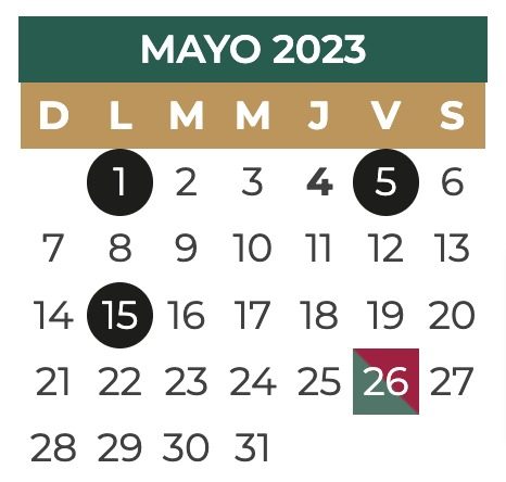CALENDARIO ESCOLAR MAYO 2023